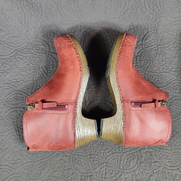 Dansko Max Block Heel Zip  Distressed Rust Burgundy Leather Ankle Wedge 6.5-7 - Picture 10 of 13